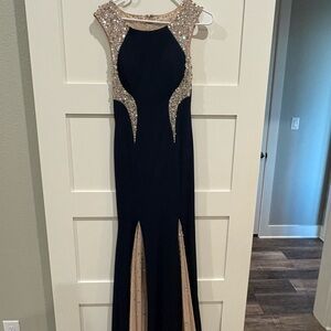 Sophisticated Black and Gold Embellished Prom Dress